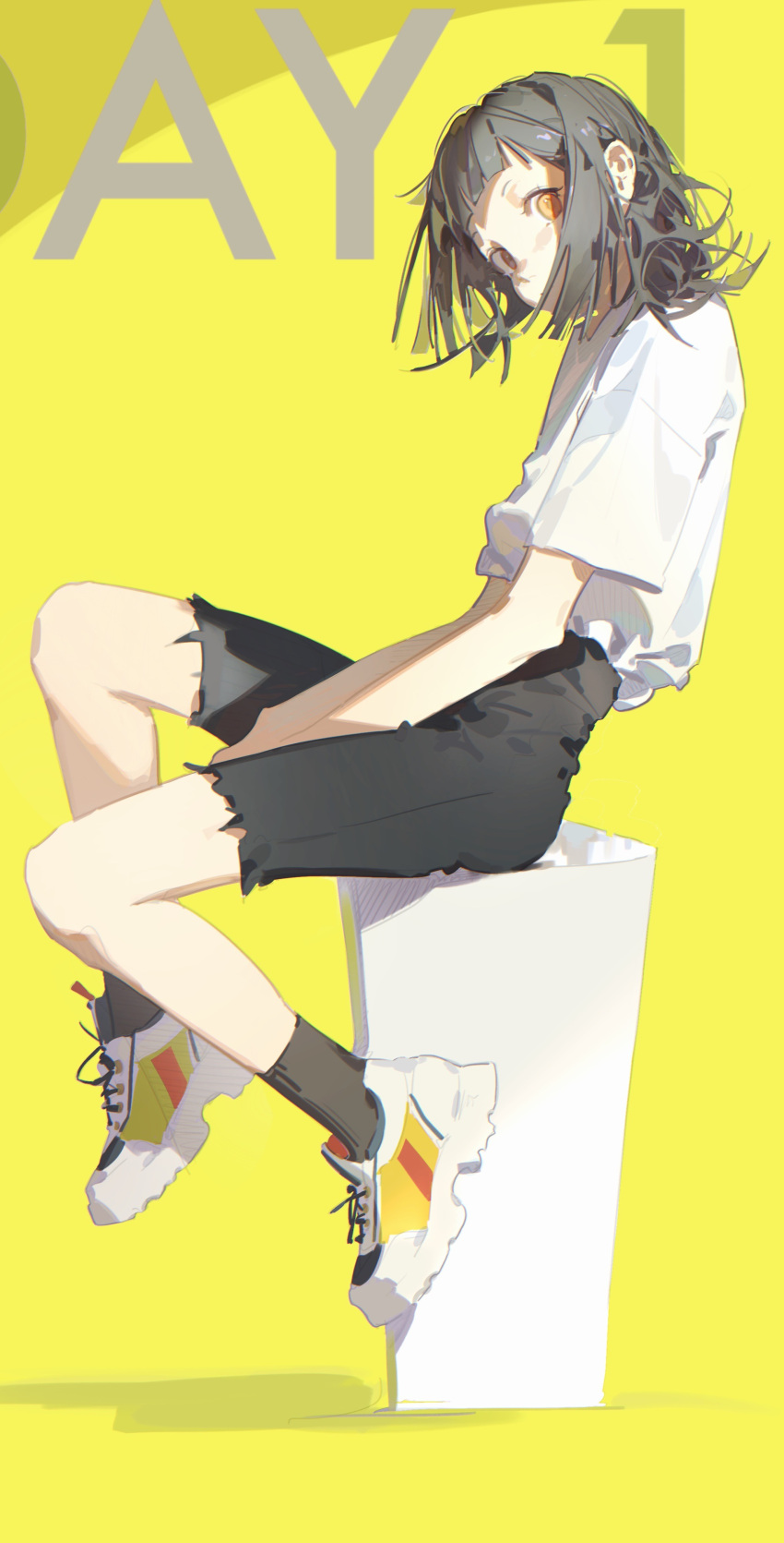 1girl absurdres between_legs black_hair black_shorts black_socks blunt_bangs covered_mouth cube english_text from_side full_body grey_hair hand_between_legs head_tilt highres leaning_back looking_at_viewer looking_to_the_side mumu53 orange_eyes original shirt shirt_tucked_in shoes short_hair short_sleeves shorts simple_background sitting sneakers socks solo torn_clothes torn_shorts white_footwear white_shirt yellow_background