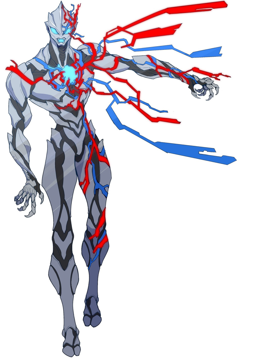 1boy alien arm_up blue_eyes catball1994 color_timer contrapposto crystal highres long_fingers orb outstretched_arms solo spread_arms tokusatsu transformation ultra_series ultraman_blazar ultraman_blazar_(series) white_background