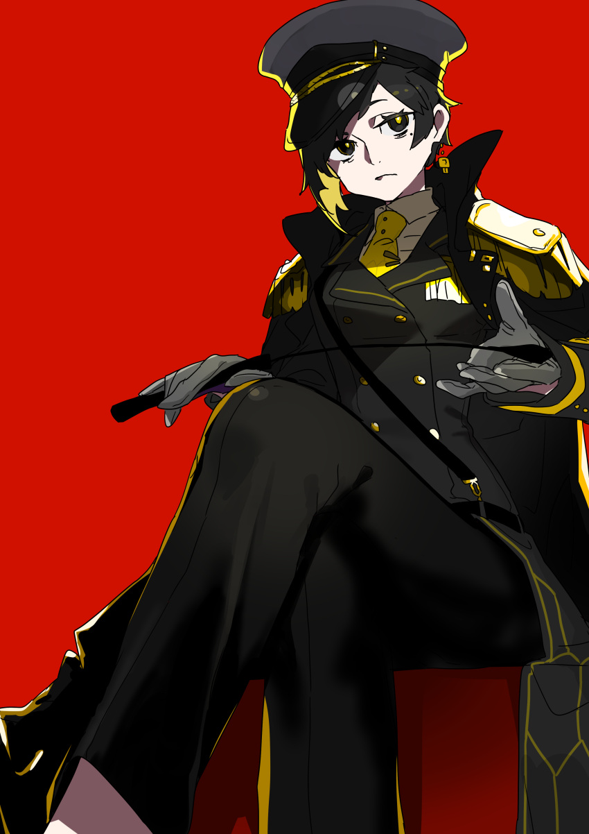 1girl absurdres binah_(project_moon) black_eyes black_hair black_jacket black_pants blonde_hair collared_shirt earrings epaulettes gloves grey_gloves hamelon310 hat highres holding holding_whip jacket jewelry lobotomy_corporation long_sleeves looking_at_viewer military_hat military_uniform mole mole_under_eye necktie pants project_moon red_background shirt sitting solo uniform white_shirt yellow_necktie yellow_pupils