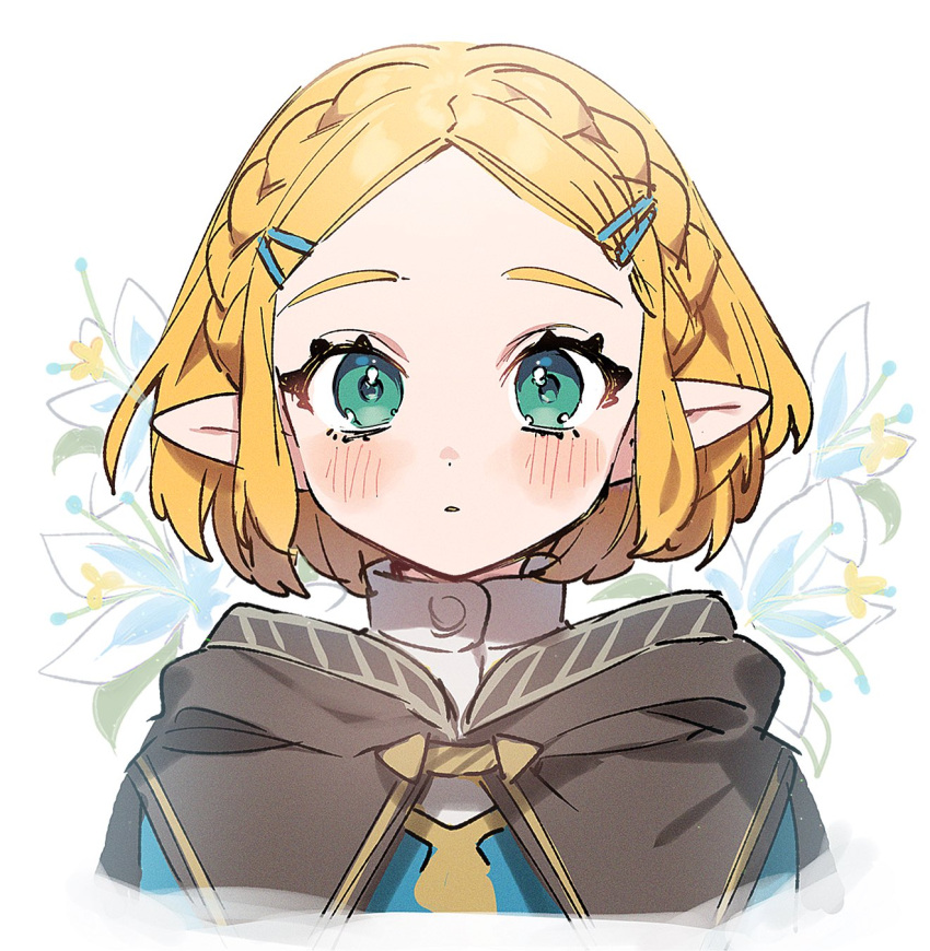 1girl blonde_hair blue_shirt blush braid brown_cape cape commentary_request cropped_shoulders crown_braid hair_ornament hairclip highres looking_at_viewer open_mouth parted_bangs pointy_ears princess_zelda sakura_yuki_(clochette) shirt short_hair solo the_legend_of_zelda the_legend_of_zelda:_tears_of_the_kingdom white_background