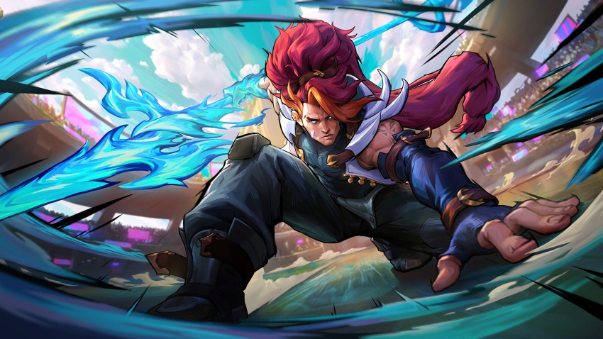 1boy bandaid bandaid_on_cheek bandaid_on_face bare_shoulders black_gloves black_pants clouds day fingerless_gloves gloves glowing glowing_eyes highres holding holding_polearm holding_weapon league_of_legends league_of_legends:_wild_rift long_hair looking_at_viewer male_focus official_art outdoors pants polearm redhead shoes shoulder_tattoo solo_focus soul_fighter_xin_zhao stadium tattoo very_long_hair weapon xin_zhao