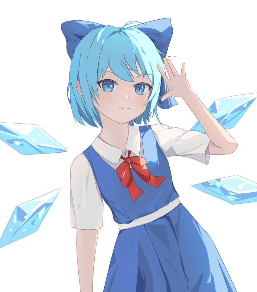 1girl \||/ ahoge arm_up blue_bow blue_dress blue_eyes blue_hair blush bow cirno closed_mouth commentary_request dress f_yren flat_chest gradient_background hair_bow hand_up highres ice ice_wings light_smile looking_at_viewer petite pinafore_dress short_hair short_sleeves simple_background sleeveless sleeveless_dress solo touhou white_background wing_collar wings