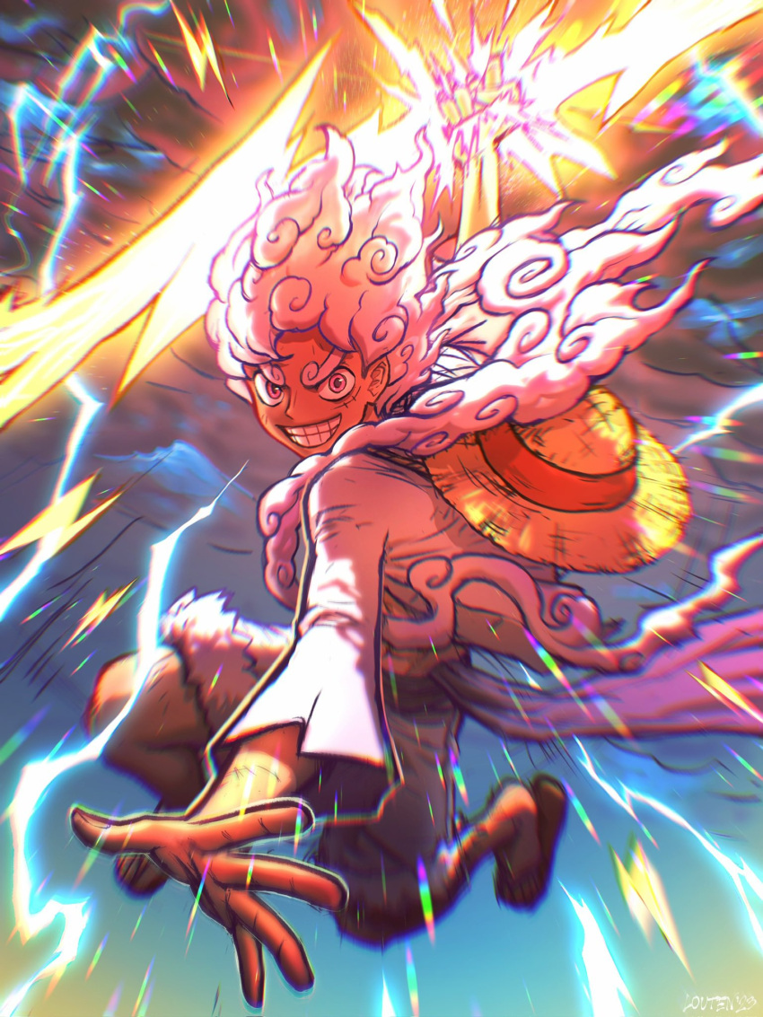 1boy cloudy_sky hat highres jumping long_hair looking_at_viewer louten male monkey_d._luffy one_piece pink_eyes sandals shiny shorts smile thunder white_hair