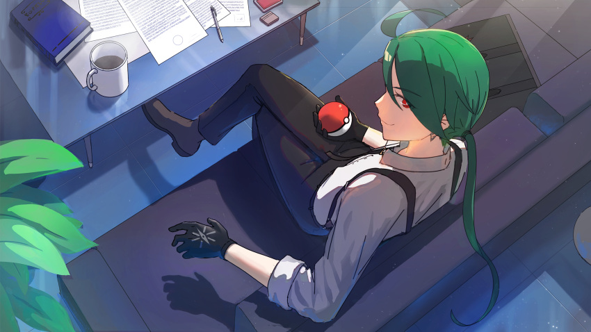 1girl bag_removed black_gloves black_pants book closed_mouth collared_shirt commentary_request couch crossed_legs cup from_above glass_table gloves green_hair grey_shirt highres holding holding_poke_ball ichi_monbe indoors long_hair mug pants paper poke_ball poke_ball_(basic) pokemon pokemon_(game) pokemon_sv red_eyes rika_(pokemon) shirt shoes sitting smile solo suspenders table