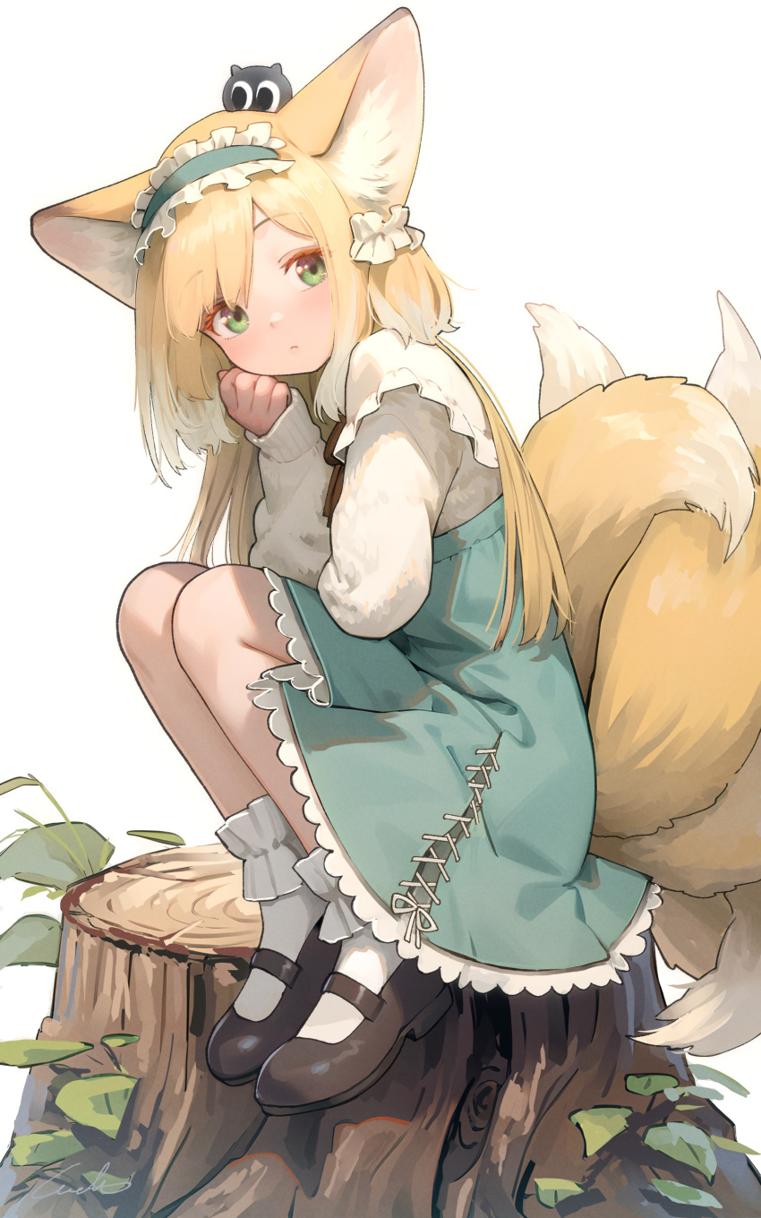 absurdres animal_ear_fluff animal_ears ankle_socks aqua_hairband aqua_skirt arknights black_cat blonde_hair blush bobby_socks brown_footwear cat closed_mouth commentary cross-laced_clothes cross-laced_skirt cross-laced_slit crossover fox_ears fox_girl fox_tail frilled_hairband frills full_body green_eyes hairband heixiu high-waist_skirt highres kitsune knees_up kyuubi luo_xiaohei_zhanji mary_janes multicolored_hair multiple_tails official_alternate_costume on_head shoes simple_background sitting skirt sleeves_past_wrists socks suzuran_(arknights) suzuran_(spring_praise)_(arknights) sweater tail tree_stump two-tone_hair welt_(kinsei_koutenkyoku) white_background white_hair white_socks white_sweater