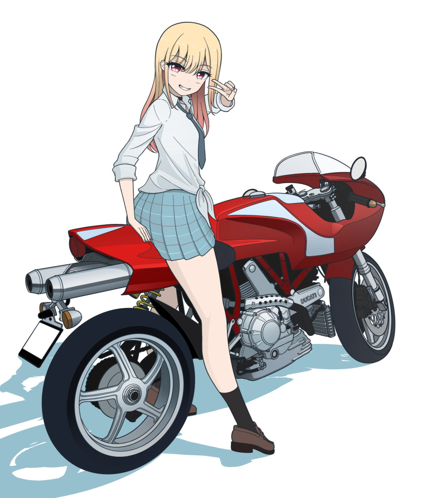 1girl absurdres aqua_skirt black_socks blonde_hair brown_footwear commentary dress_shirt ducati ducati_mh900e from_side front-tie_top grin highres kano_(nakanotakahiro1029) kitagawa_marin loafers long_hair long_sleeves looking_at_viewer looking_back mixed-language_commentary motor_vehicle motorcycle on_motorcycle pleated_skirt red_eyes school_uniform shadow shirt shoes simple_background skirt sleeves_rolled_up smile socks solo sono_bisque_doll_wa_koi_wo_suru v white_background white_shirt
