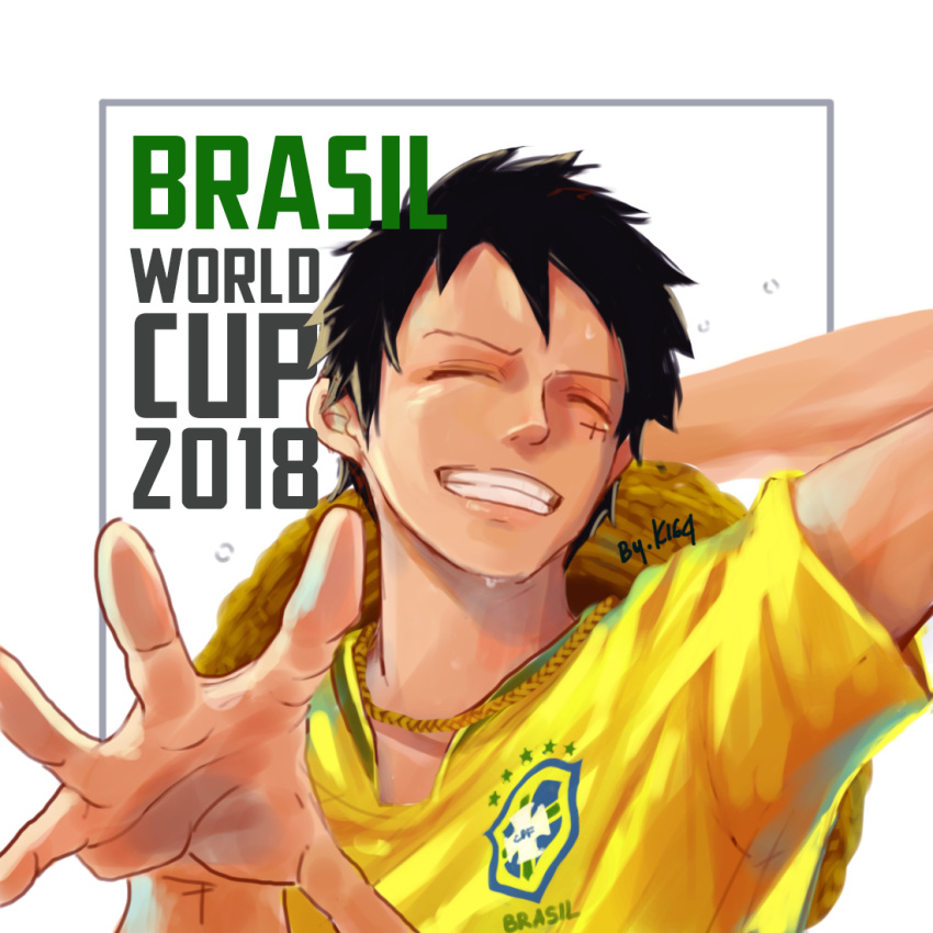 1boy 2018 2018_fifa_world_cup alternate_costume artist_name black_hair brazil closed_eyes english_text hat hat_removed headwear_removed jewelry k164 male_focus monkey_d._luffy necklace one_piece scar scar_on_cheek scar_on_face shirt short_hair short_sleeves smile soccer soccer_uniform solo sportswear straw_hat teeth world_cup