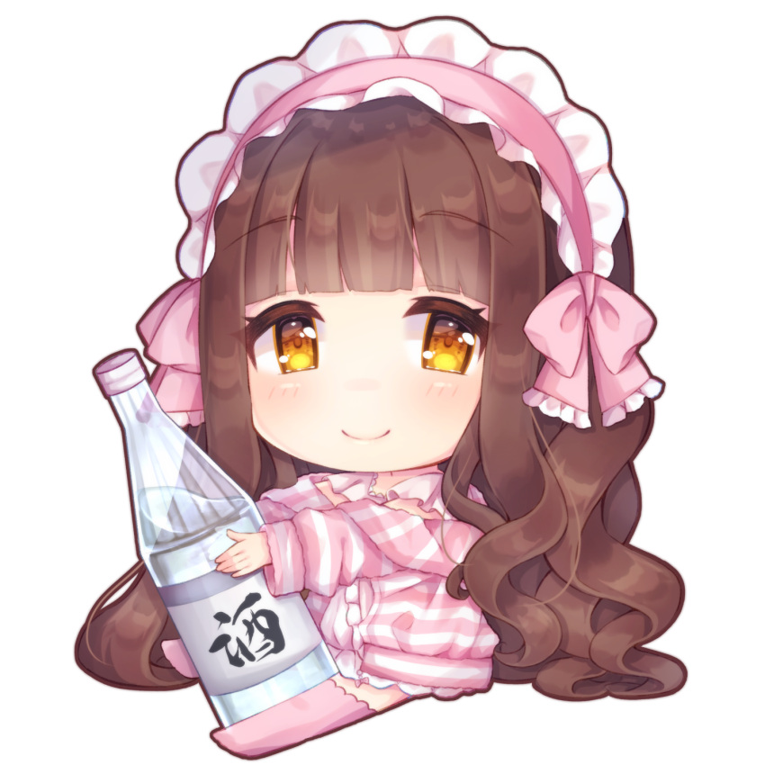 1girl blush bottle brown_hair caramel_(caramelmilk) chibi closed_mouth commentary_request dress frilled_hairband frills full_body hairband highres holding holding_bottle hood hood_down hooded_jacket jacket long_hair long_sleeves looking_at_viewer mini_person minigirl no_shoes original pink_hairband pink_thighhighs puffy_long_sleeves puffy_sleeves simple_background sitting smile solo striped striped_jacket thigh-highs very_long_hair white_background white_dress yellow_eyes