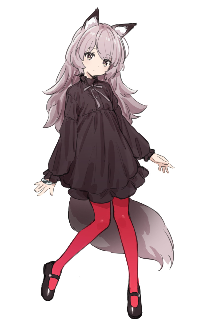 1girl absurdres animal_ears artist_request black_dress black_footwear dress fox_ears fox_girl fox_tail full_body grey_eyes grey_hair highres jaana_kettu long_hair long_sleeves looking_at_viewer original pantyhose red_pantyhose second-party_source shoes simple_background solo standing tail white_background