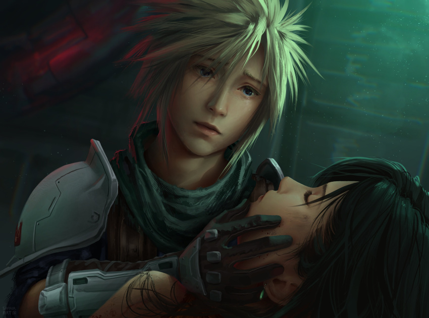 1boy 1girl absurdres arm_guards armor black_gloves black_hair blonde_hair blue_eyes blue_jacket bruise caress closed_eyes cloud_strife commentary crisis_core_final_fantasy_vii earrings english_commentary final_fantasy final_fantasy_vii final_fantasy_vii_rebirth final_fantasy_vii_remake gloves green_scarf hand_on_another's_face highres indoors injury jacket jewelry lips long_hair looking_at_another official_alternate_costume safaiaart scarf shinra_infantry_uniform short_hair shoulder_armor spiky_hair tifa_lockhart unconscious upper_body