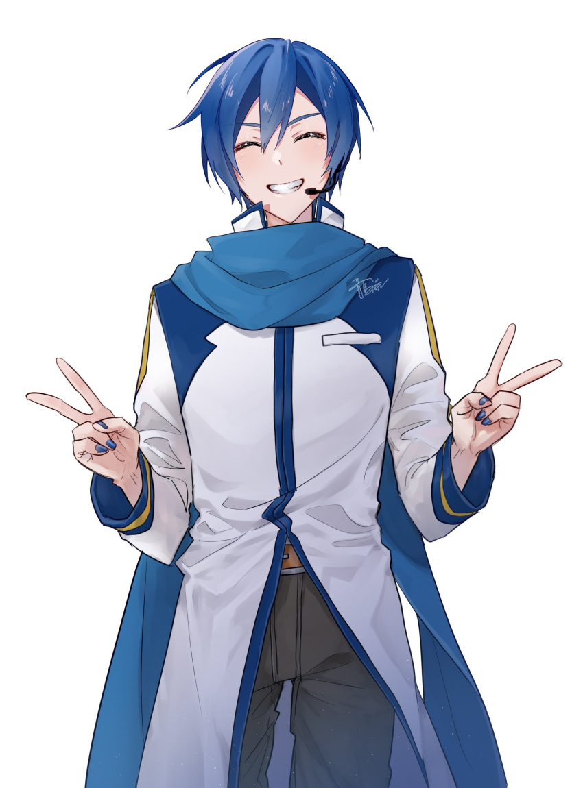 1boy belt blue_hair blue_nails blue_scarf brown_belt coat commentary_request cowboy_shot double-parted_bangs double_v facing_viewer fingernails headset high_collar highres kaito_(vocaloid) long_sleeves male_focus one_eye_closed parang_99 scarf short_hair signature simple_background smile solo teeth v vocaloid white_background