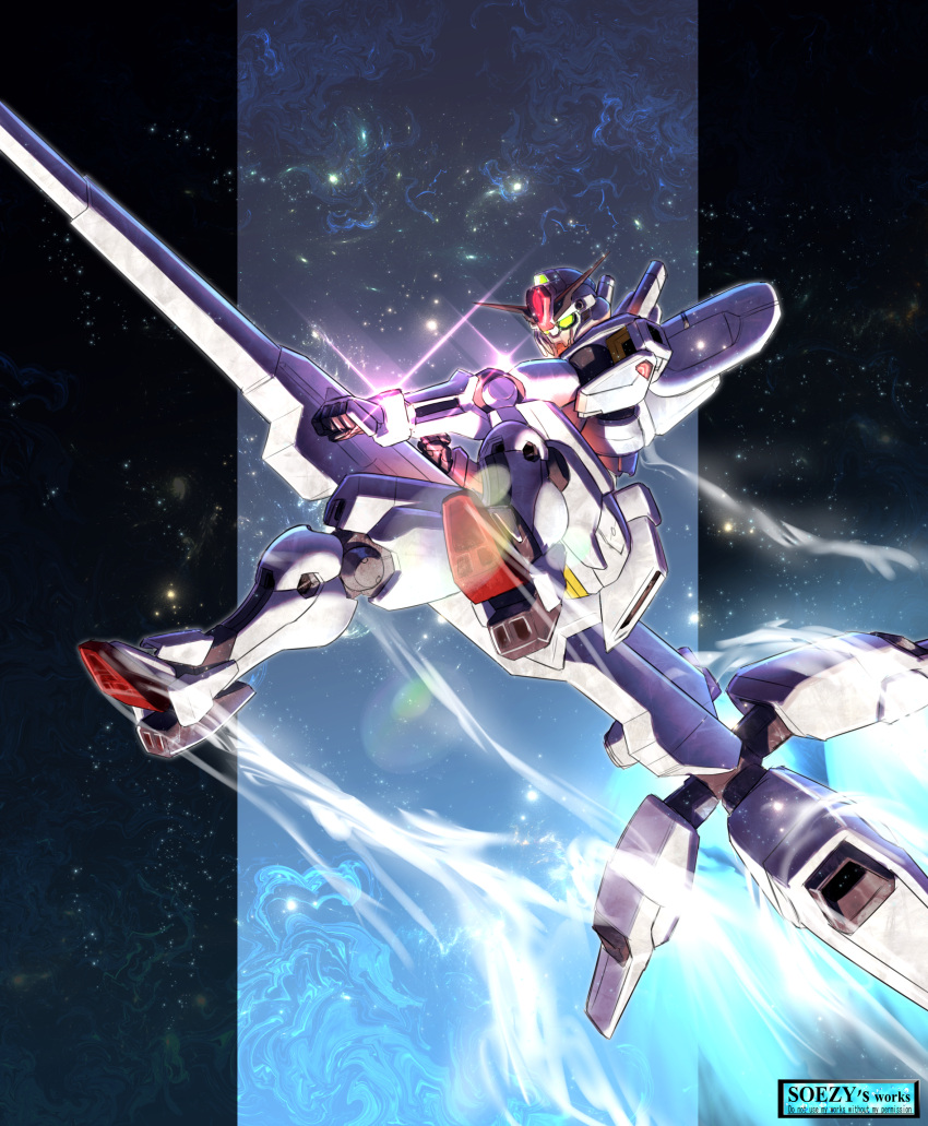 absurdres assassin_silver beam_cannon commentary_request energy_cannon exhaust flying green_eyes gundam gundam_calibarn gundam_suisei_no_majo highres holding holding_cannon holding_weapon light_particles mecha mobile_suit no_humans robot science_fiction solo sparkle thrusters v-fin weapon