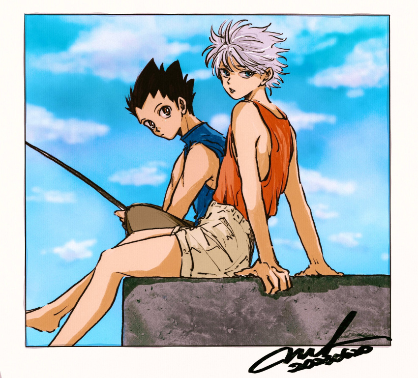 2boys ark_mono bare_shoulders black_hair blue_eyes blue_shirt brown_eyes denim denim_shorts fishing_rod from_side full_body gon_freecss highres holding holding_fishing_rod hunter_x_hunter killua_zoldyck looking_at_viewer male_child male_focus multiple_boys outdoors red_shirt shirt short_hair shorts signature sitting spiky_hair white_hair