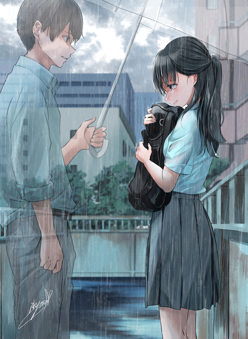 1boy 1girl bag belt black_hair breasts brown_hair clenched_teeth clouds cloudy_sky collared_shirt cowboy_shot crying d: from_side ghost grey_pants grey_skirt highres holding holding_bag holding_umbrella long_hair looking_at_another looking_down offering_umbrella original outdoors pants pleated_skirt ponytail rain sad school_bag shirt short_hair short_sleeves sideways_mouth signature skirt sky sleeves_past_elbows sleeves_rolled_up small_breasts soragane_(banisinngurei) tearing_up tears teeth umbrella uniform very_short_hair wet wet_clothes wet_shirt white_shirt worried