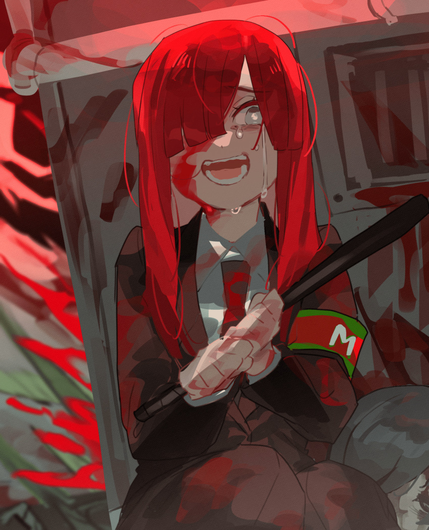 1girl baton_(weapon) black_jacket black_pants blood blood_on_clothes blood_on_face crying grey_eyes hair_over_one_eye hamelon310 highres holding holding_weapon indoors jacket limbus_company long_hair open_mouth pants pink_hair project_moon scared sitting solo tears very_long_hair weapon yuri_(limbus_company)