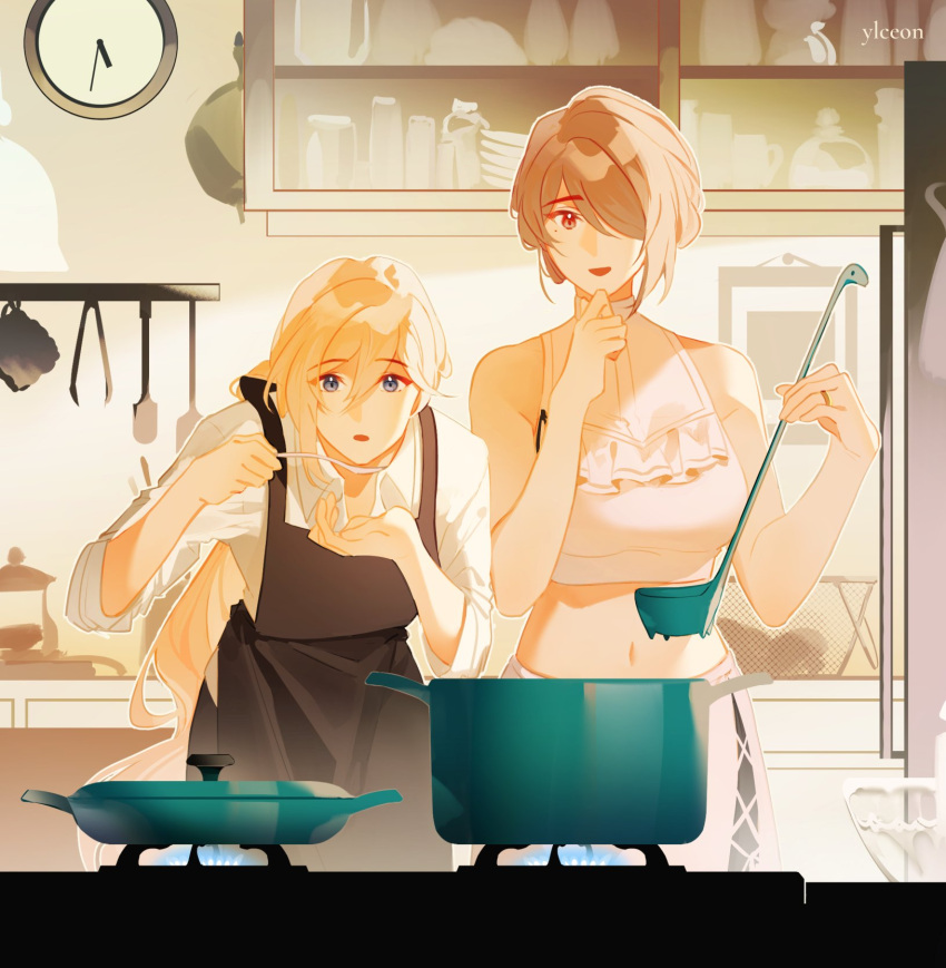 2girls bianka_durandal_ataegina blue_eyes breasts brown_hair clock cooking day english_commentary fire frying_pan hair_between_eyes hair_over_one_eye hand_on_own_chin highres holding holding_spoon honkai_(series) honkai_impact_3rd indoors kitchen large_breasts long_hair long_sleeves midriff mole mole_under_eye multiple_girls navel open_mouth red_eyes refrigerator rita_rossweisse shirt short_hair sleeveless spoon standing tasting twitter_username upper_body wall_clock white_shirt white_sleeves ylceon