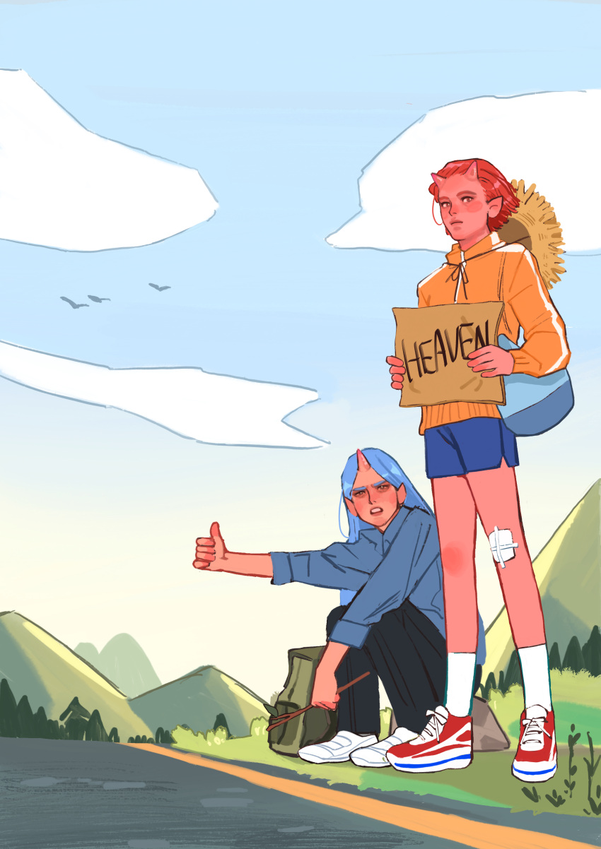 2girls absurdres backpack backpack_removed bag bandages black_pants blue_hair blue_shorts blue_sky clouds colored_skin hat hat_removed headwear_removed highres hitchhiking horns jacket long_hair looking_at_viewer mountainous_horizon multiple_girls oni_horns original pants parted_lips pink_skin pointy_ears redhead road sennbee1027 shoes short_hair short_shorts shorts single_horn sitting sitting_on_rock sky sneakers socks standing straw_hat sun_hat track_jacket white_socks