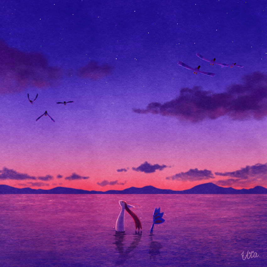 bird closed_eyes clouds commentary_request highres milotic no_humans outdoors pokemon pokemon_(creature) reflection signature sky twilight uta_(pixiv_4699580) water wingull