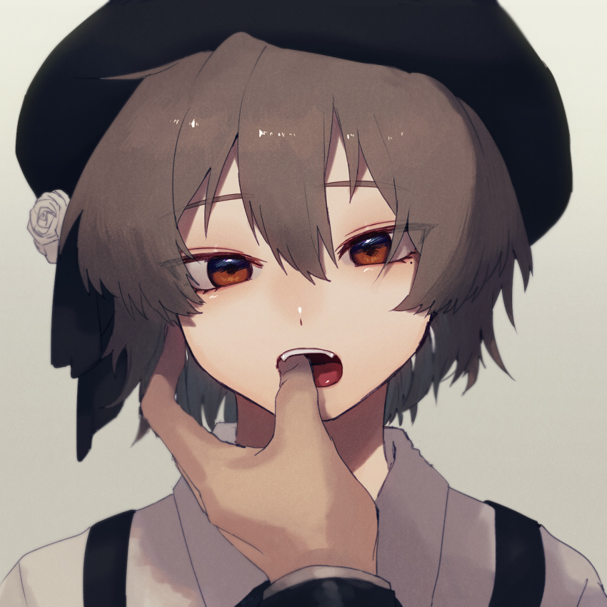 1boy 1girl beam107 beret black_headwear black_ribbon black_suit brown_eyes brown_hair collared_shirt commentary_request expressionless fangs finger_in_another's_mouth flower grey_background hair_flower hair_ornament hair_ribbon hat hatoba_tsugu head_tilt highres long_sleeves looking_at_viewer mole mole_under_eye open_mouth portrait pov pov_hands ribbon rose shirt short_hair simple_background straight-on suit tsugu_(vtuber) virtual_youtuber white_flower white_rose white_shirt