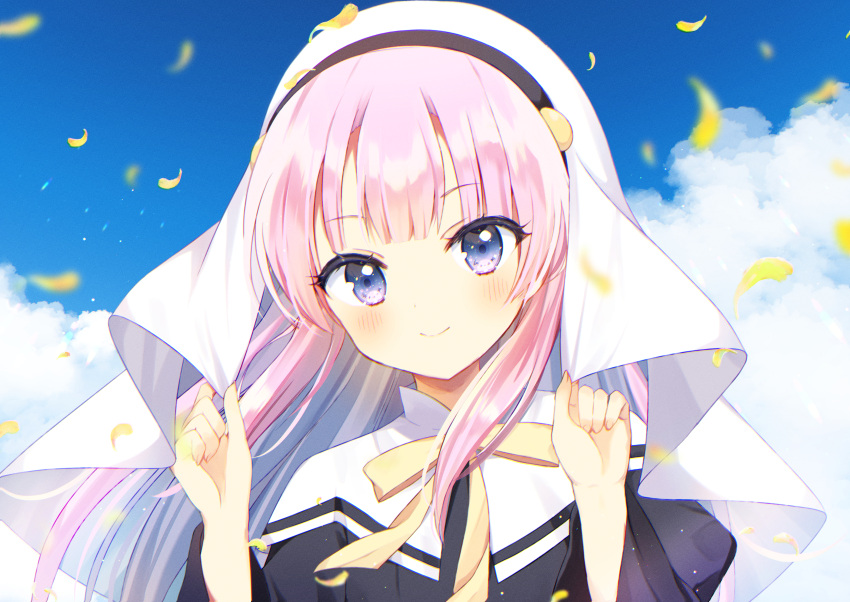 1girl absurdres aiyan black_dress blue_eyes blue_sky blunt_bangs blurry blush clenched_hands closed_mouth clouds commentary_request day depth_of_field dress eyelashes eyes_visible_through_hair falling_petals fingernails floating_hair hands_up head_tilt highres kamisama_ni_natta_hi long_hair long_sleeves looking_at_viewer nun outdoors petals pink_hair satou_hina_(kamisama_ni_natta_hi) sidelocks sky smile solo straight-on straight_hair variant_set very_long_hair white_headwear wide_sleeves yellow_eyes
