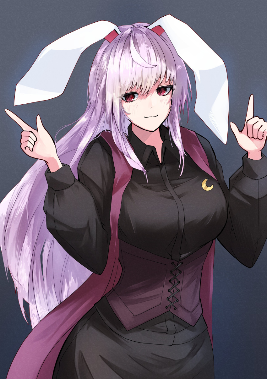 1girl absurdres animal_ears black_background black_jacket black_skirt closed_mouth commentary crescent crescent_pin highres index_finger_raised jacket long_hair long_sleeves looking_at_viewer purple_hair rabbit_ears rabbit_girl reisen_udongein_inaba sidelocks simple_background skirt solo symbol-only_commentary touhou yagoro_kusuriya