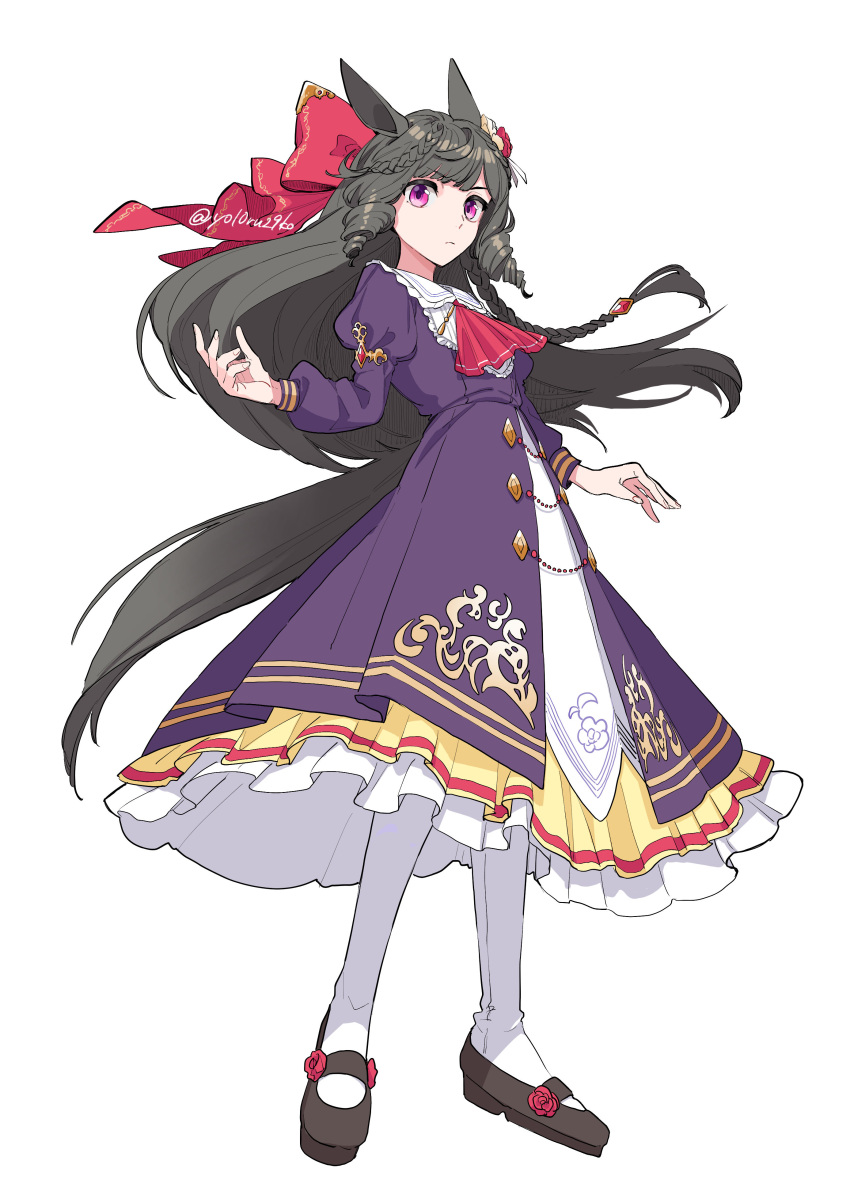 1girl absurdres animal_ears ascot black_hair bow brown_footwear closed_mouth collared_dress daiichi_ruby_(umamusume) dress flat_chest flower frown full_body hair_bow hair_flower hair_ornament highres horse_ears horse_girl horse_tail juliet_sleeves long_hair long_sleeves looking_at_viewer pantyhose petticoat pink_eyes puffy_sleeves purple_dress red_ascot shoes simple_background solo standing tail twitter_username umamusume v-shaped_eyebrows white_background white_pantyhose yezi_(yo10ru29ko)