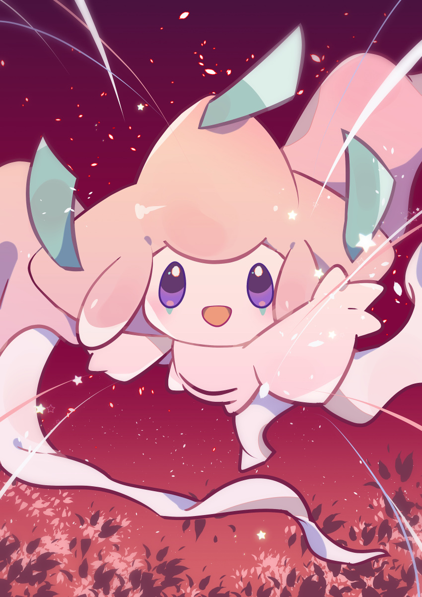 :d absurdres commentary_request flying happy highres jirachi looking_at_viewer no_humans open_mouth outdoors pokemon pokemon_(creature) shiramizore_(rate1026) smile solo star_(symbol) violet_eyes