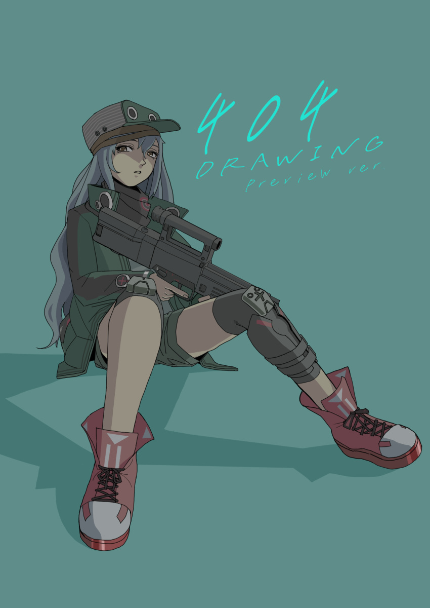 1girl assault_rifle brown_eyes eyelashes g11_(girls'_frontline) girls_frontline green_background green_headwear grey_eyes gun h&amp;k_g11 hat highres holding holding_gun holding_weapon long_hair rifle shadow shoes shorts sitting sneakers solo tomo_(f2000) weapon