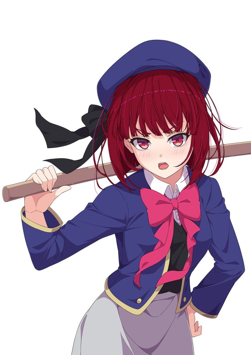 1girl arima_kana beret black_bow black_vest blue_headwear blue_jacket blunt_bangs blush bob_cut bow bowtie collared_shirt commentary_request cowboy_shot grey_skirt hand_on_own_hip hat hat_bow highres holding inverted_bob jacket long_sleeves looking_at_viewer medium_hair open_clothes open_jacket open_mouth oshi_no_ko partial_commentary pink_bow pink_bowtie qingwa_fu_luo red_eyes redhead school_uniform shadow shirt simple_background skirt solo stick teeth vest white_background white_shirt youtou_high_school_uniform