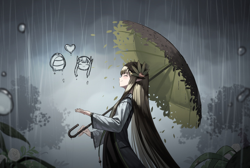 1girl arknights black_dress bubble closed_eyes coat doctor_(arknights) dress flower from_side grass heart highres holding holding_umbrella kimsuwan2013 laurels leaf long_sleeves mole mole_under_eye muelsyse_(arknights) outdoors pointy_ears profile rain smile solo umbrella white_coat white_flower