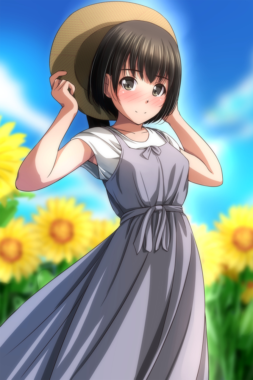 1girl absurdres bare_arms black_eyes black_hair blue_sky blush closed_mouth clouds collarbone dated_commentary day dress flower grey_dress hands_on_headwear hat highres holding holding_clothes holding_hat looking_at_viewer matsunaga_kouyou original outdoors shirt short_hair short_sleeves sky smile solo standing sunflower white_shirt