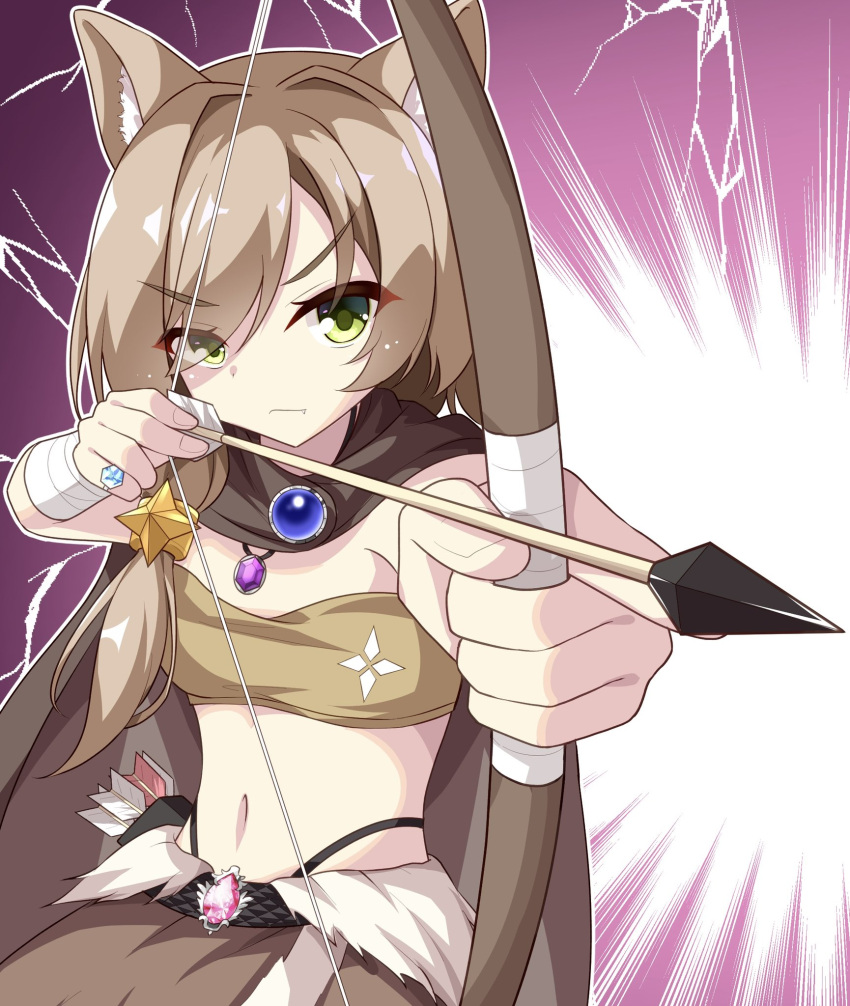 1girl alternate_costume animal_ear_fluff animal_ears arrow_(projectile) bandaged_arm bandages belt black_belt bow_(weapon) brown_cloak brown_skirt cloak closed_mouth commentary_request emphasis_lines eyes_visible_through_hair fang fingernails foreshortening gem green_eyes hair_between_eyes hair_ornament hands_up highres holding holding_bow_(weapon) holding_weapon jewelry long_hair looking_at_viewer mikuni_sairi navel necklace original panties purple_background purple_gemstone ring serious sesen2000 simple_background skirt solo star_(symbol) star_hair_ornament stomach tail tenshi_souzou underwear upper_body upturned_eyes weapon white_fur white_panties wolf_ears wolf_girl wolf_tail