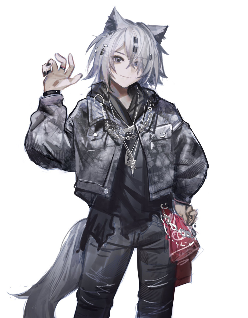 1girl alternate_costume alternate_hairstyle ambience_synesthesia animal_ears arknights black_jacket black_nails black_pants black_shirt blue_eyes chain cowboy_shot eyes_visible_through_hair grey_hair hair_ornament hair_over_one_eye hairclip hand_on_own_hip highres jacket jewelry lappland_(arknights) liangban_xiexu long_sleeves looking_at_viewer necklace pants ring shirt short_hair simple_background smile solo standing tail tomboy white_background wolf_ears wolf_girl wolf_tail