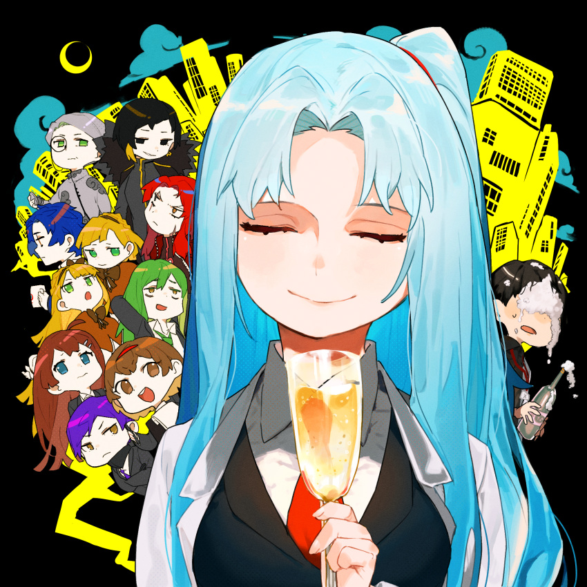 6+boys 6+girls alcohol angela_(project_moon) ayin_(project_moon) binah_(project_moon) black_eyes black_hair black_jacket blonde_hair blue_eyes blue_hair brown_eyes brown_hair champagne champagne_flute chesed_(project_moon) city closed_eyes closed_mouth clouds coat collared_shirt crescent cup drinking_glass gebura_(project_moon) green_eyes green_hair grey_hair hamelon310 highres hod_(project_moon) hokma_(project_moon) holding holding_cup jacket lab_coat lobotomy_corporation long_hair malkuth_(project_moon) mug multiple_boys multiple_girls necktie netzach_(project_moon) one_side_up project_moon red_necktie shirt short_hair smile tiphereth_a_(project_moon) tiphereth_b_(project_moon) very_long_hair violet_eyes white_coat white_shirt yellow_eyes yesod_(project_moon)