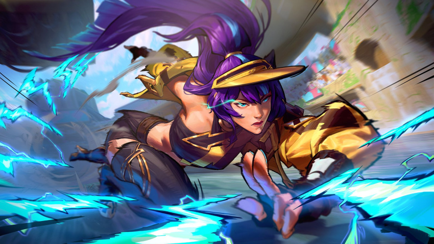 1girl bare_shoulders black_gloves black_shorts black_thighhighs closed_mouth day fingerless_gloves gloves high_heels highres irelia jacket league_of_legends league_of_legends:_wild_rift lightning long_hair official_art open_clothes open_jacket outdoors ponytail purple_hair shorts solo soul_fighter_irelia stadium thigh-highs yellow_jacket