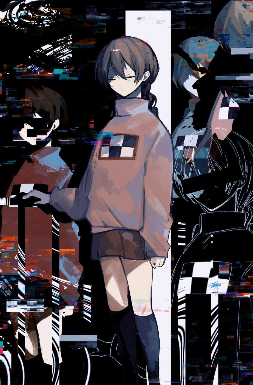 1girl abstract_background absurdres bar_censor black_background black_socks braid brown_hair censored closed_eyes closed_mouth commentary_request covered_eyes expressionless facing_viewer feet_out_of_frame glitch hand_up highres identity_censor kneehighs long_hair long_sleeves madotsuki multiple_views pink_sweater pleated_skirt print_sweater red_skirt red_sweater skirt socks standing sweater turtleneck turtleneck_sweater utu404 variations yume_nikki