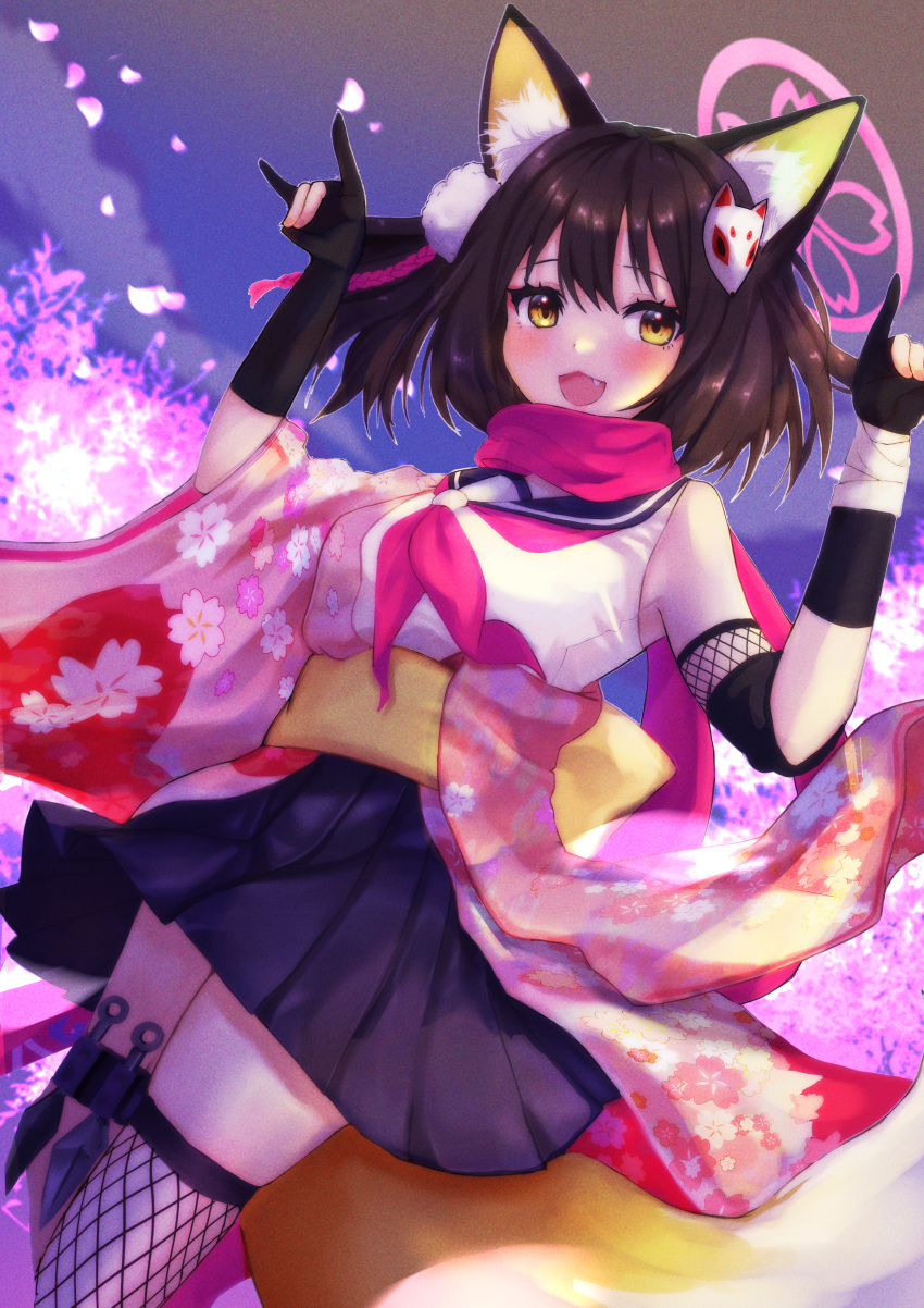 1girl absurdres animal_ears blue_archive brown_hair cherry_blossoms collared_shirt cowboy_shot double_fox_shadow_puppet floral_print fox_ears fox_girl fox_hair_ornament fox_shadow_puppet fox_tail full_moon gloves halo highres holster izuna_(blue_archive) japanese_clothes kunai looking_at_viewer moon neckerchief night obi off_shoulder open_mouth outdoors partially_fingerless_gloves pink_neckerchief pink_scarf pleated_skirt samgo sash scarf shirt short_hair single_thighhigh skirt smile solo tail thigh-highs thigh_holster visor_cap weapon white_shirt wrist_wrap yellow_eyes