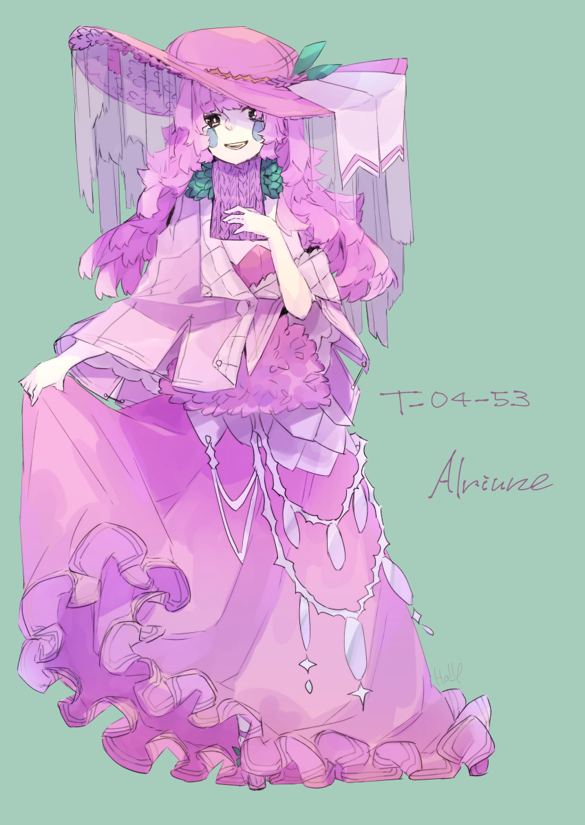 1girl absurdres alriune blue_background bow dress frilled_dress frills hamelon310 hat hat_bow highres jacket lobotomy_corporation long_hair off_shoulder personification pink_dress pink_hair pink_headwear pink_jacket pink_veil project_moon sidelocks simple_background solo strapless strapless_dress very_long_hair white_bow