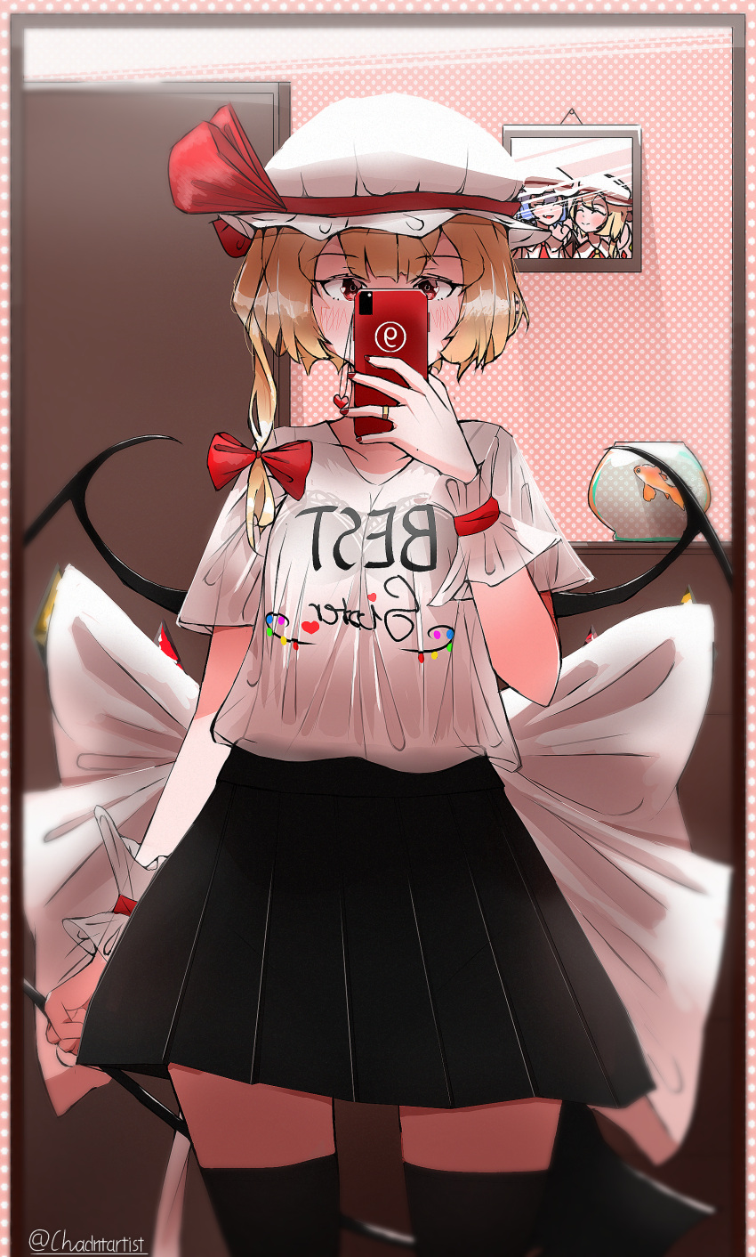 absurdres black_skirt blonde_hair blurry bonnet bow bowtie bra cellphone chadntartist closet clothes_writing crystal drawer english_text fingernails fish fishbowl flandre_scarlet frills goldfish hair_ribbon hat hat_ribbon heart highres holding holding_phone holding_polearm holding_weapon jewelry laevatein_(touhou) light_smile looking_at_mirror mirror mirrored_text mob_cap nail_polish phone picture_(object) picture_frame pleated_skirt polearm red_bow red_bowtie red_eyes red_ribbon remilia_scarlet ribbon ring see-through self-upload selfie semi-transparent shirt skirt smartphone smile spear t-shirt thigh-highs thighs touhou twitter_username underwear weapon white_bow white_shirt wings