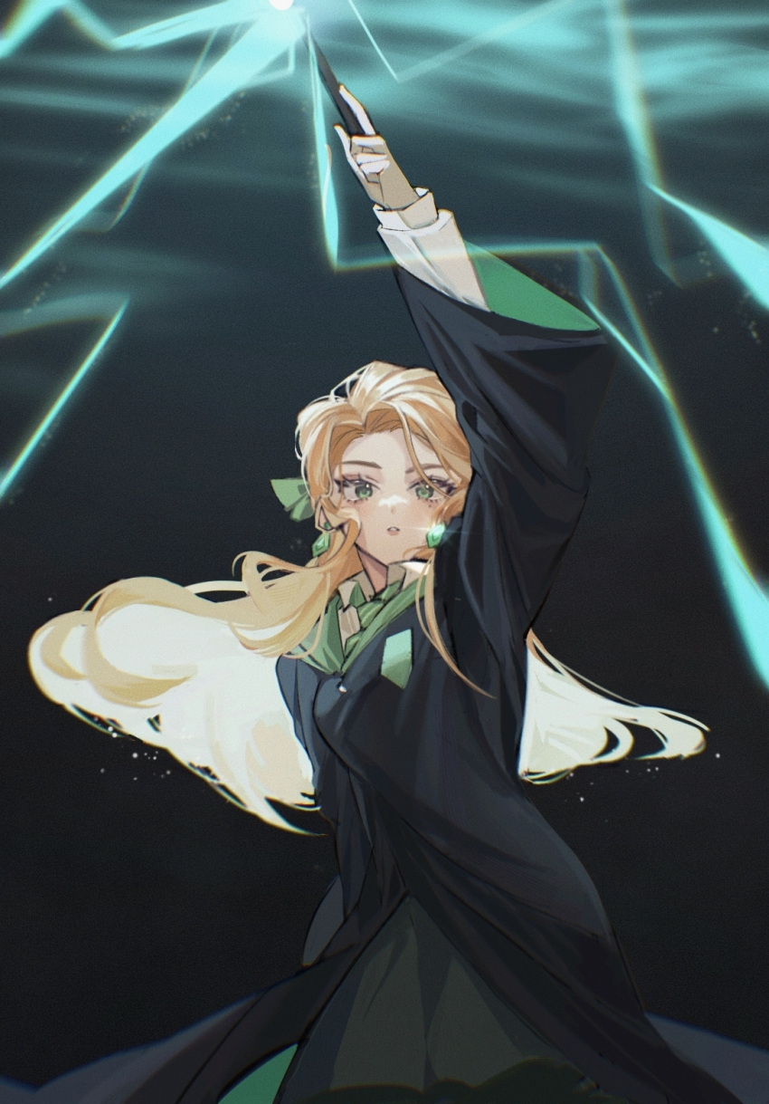 1girl arm_up black_background black_coat black_skirt blonde_hair breasts cassandra_vole coat collared_shirt cowboy_shot earrings floating_hair green_necktie green_ribbon green_theme hair_ribbon harry_potter:_magic_awakened highres hogwarts_school_uniform holding holding_wand jewelry long_hair long_sleeves looking_at_viewer magic necktie parted_lips ribbon school_uniform shirt skirt slytherin solo ssssda two-sided_fabric wand white_shirt wizarding_world