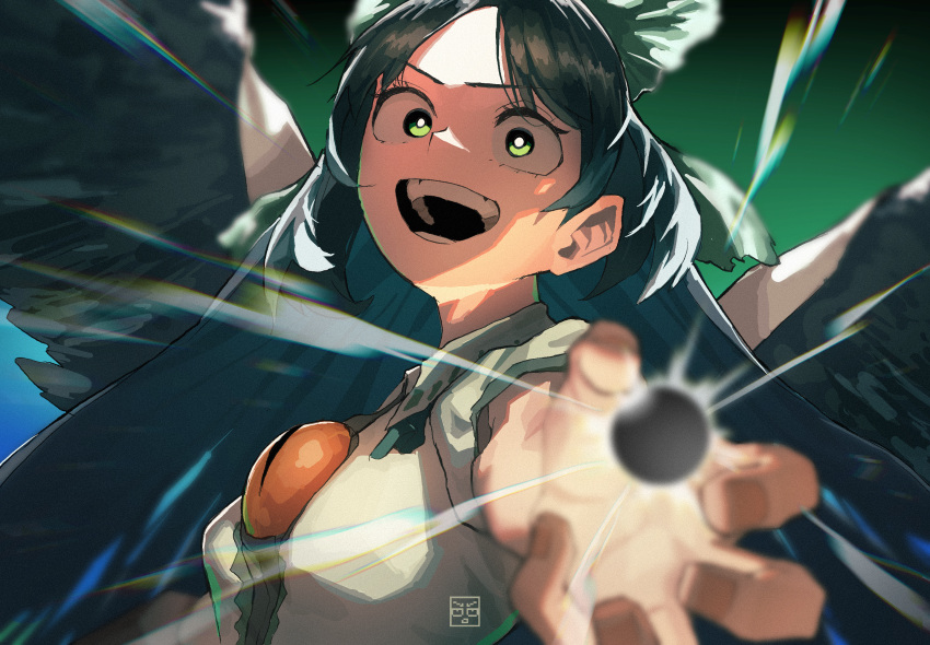 1girl artist_logo bird_wings black_hair black_wings blast-7 bow collared_shirt commentary feathered_wings green_bow green_eyes hair_bow highres long_hair open_mouth reiuji_utsuho shirt short_sleeves solo third_eye touhou upper_body white_shirt wings