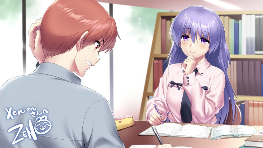 1boy 1girl angel_beats! black_necktie black_ribbon blue_hair blush book brown_hair clenched_hand closed_mouth commission day english_commentary eyelashes eyes_visible_through_hair frown grey_shirt hair_between_eyes hand_up highres holding holding_pen indoors irie_miyuki library long_hair long_sleeves looking_at_another looking_down necktie open_book otonashi_yuzuru paid_reward_available parted_lips pen pink_shirt red_eyes ribbon scratching_head second-party_source shirt short_hair signature skeb_commission smile sweatdrop table very_long_hair violet_eyes writing zen_(kamuro)