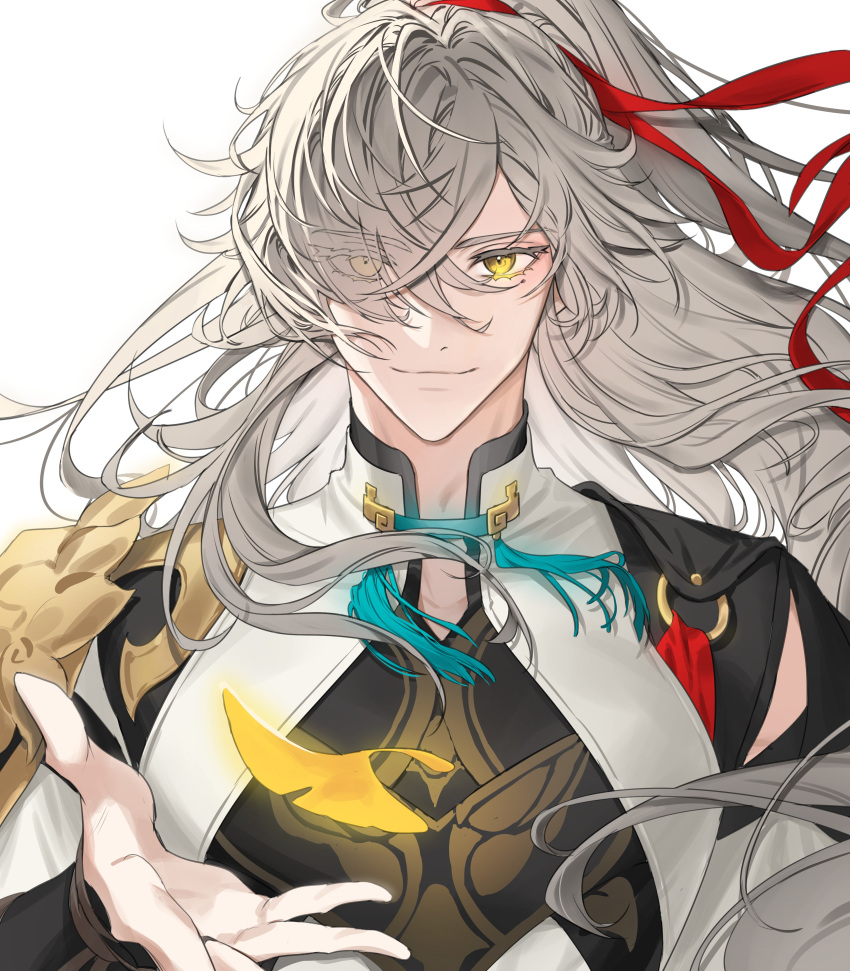 1boy absurdres armor black_shirt blush bp_st_7 closed_mouth eyes_visible_through_hair grey_hair hair_between_eyes hair_over_one_eye hair_ribbon hand_up highres honkai:_star_rail honkai_(series) jing_yuan long_hair long_sleeves looking_at_viewer male_focus mandarin_collar mole mole_under_eye open_clothes open_vest ponytail red_ribbon ribbon shirt shoulder_armor simple_background smile solo tassel upper_body vest white_background white_vest yellow_eyes