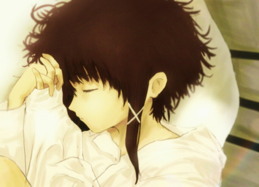 1girl alternate_costume arms_up blurry brown_hair closed_eyes closed_mouth commentary expressionless eyelashes from_above hair_ornament highres iwakura_lain long_hair long_sleeves lying messy_hair on_side own_hands_together profile puffy_long_sleeves puffy_sleeves ranm12s serial_experiments_lain shirt single_sidelock sleeping sleeves_past_wrists solo upper_body white_shirt x_hair_ornament