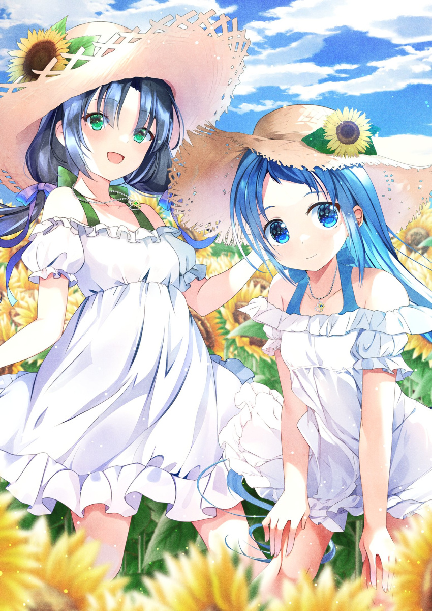 2girls alternate_costume black_eyes blue_eyes blue_hair blue_sky chisamikan clouds day dress feet_out_of_frame frilled_dress frills gradient_hair green_eyes hands_on_own_knees hat highres kantai_collection long_hair low_twintails multicolored_hair multiple_girls outdoors samidare_(kancolle) sky straw_hat sun_hat suzukaze_(kancolle) swept_bangs twintails very_long_hair white_dress