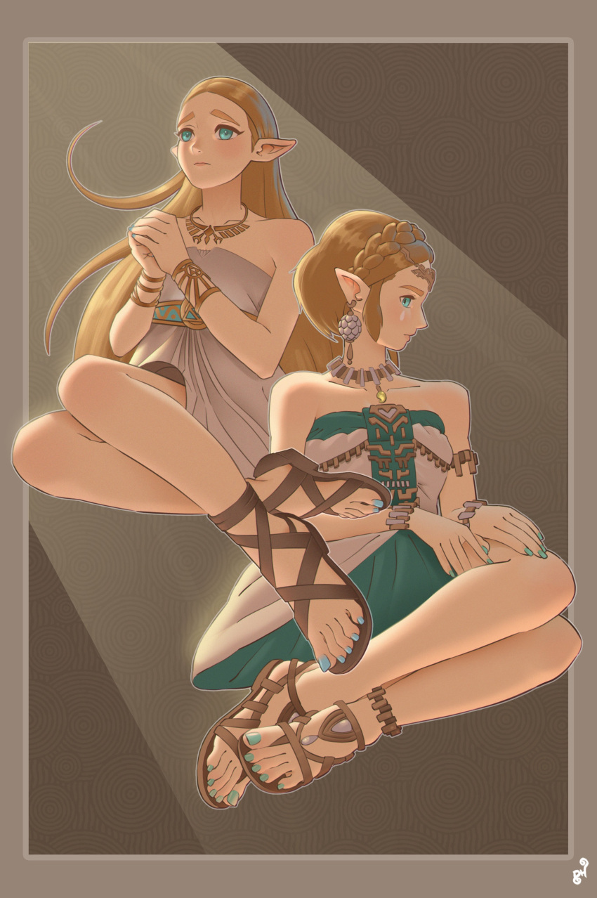 1girl 2girls absurdres aqua_eyes aqua_nails artist_logo blonde_hair blush border brown_footwear closed_mouth collarbone dress english_commentary feet forehead full_body gladiator_sandals grey_background grey_border grey_dress hands_up highres jewelry legs long_hair looking_to_the_side mohoshadream multiple_girls nail_polish necklace own_hands_together patterned_background pointy_ears princess_zelda sandals short_dress sitting solo strapless strapless_dress the_legend_of_zelda the_legend_of_zelda:_breath_of_the_wild toenail_polish toenails toes