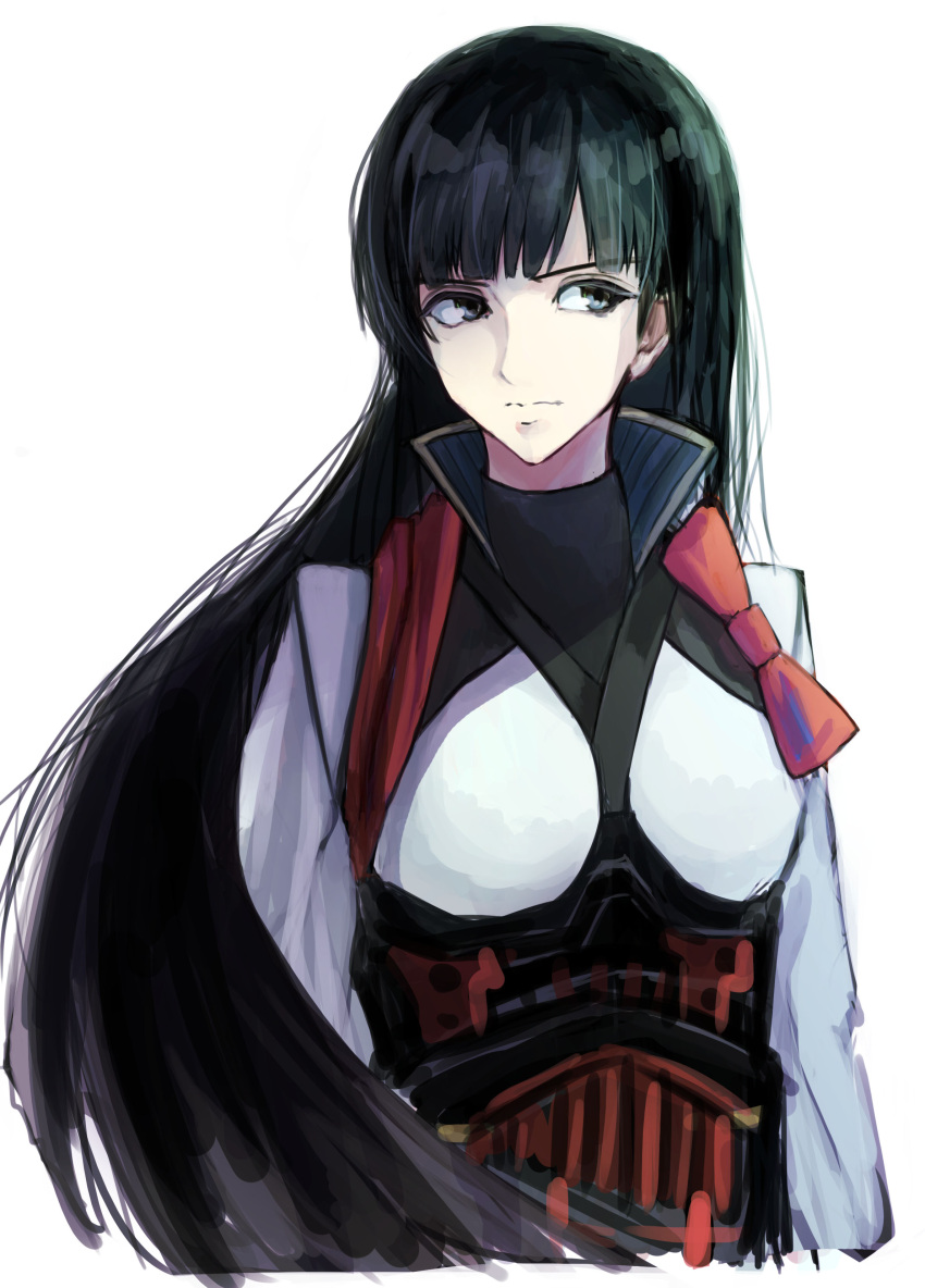 1girl absurdres azzz_(onett0619) black_eyes black_hair bow closed_mouth coat facing_viewer highres long_hair long_sleeves looking_to_the_side patroka_(xenoblade) red_bow simple_background solo upper_body very_long_hair white_background white_coat xenoblade_chronicles_(series) xenoblade_chronicles_2