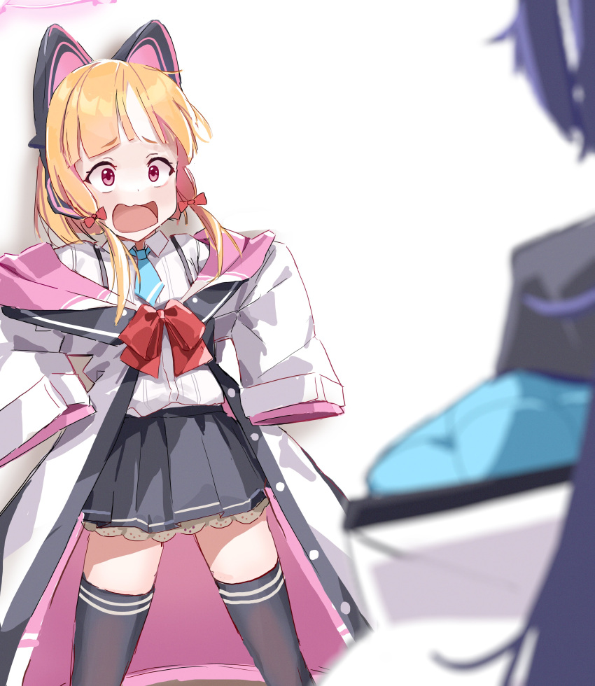 2girls absurdres animal_ear_headphones animal_ears black_skirt black_thighhighs blonde_hair blue_archive blue_necktie blurry blurry_foreground bow collared_shirt fake_animal_ears furrowed_brow hair_bow headphones highres hood hooded_jacket jacket long_hair looking_at_another momoi_(blue_archive) multicolored_clothes multicolored_jacket multiple_girls necktie open_mouth pink_eyes pleated_skirt purple_hair red_bow scared shirt short_hair sidelocks skirt solo_focus sstthei suspenders thigh-highs white_background white_jacket white_shirt wide_sleeves yuuka_(blue_archive) zettai_ryouiki