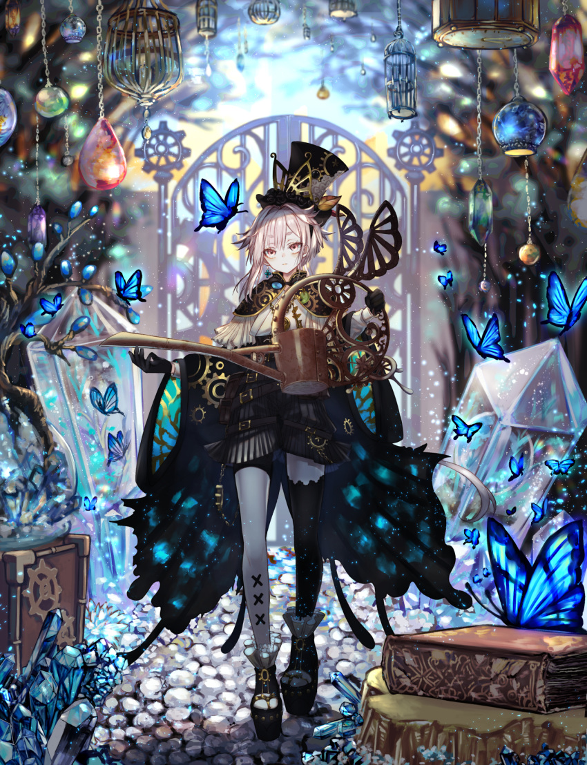 androgynous black_gloves black_thighhighs blue_butterfly book brown_eyes bug butterfly crystal earrings gate gear_print gears gloves gold_trim hat hat_ornament highres jewelry original pale_skin platform_footwear romayasu solo standing thigh-highs top_hat tree_stump watering_can white_thighhighs wide_sleeves