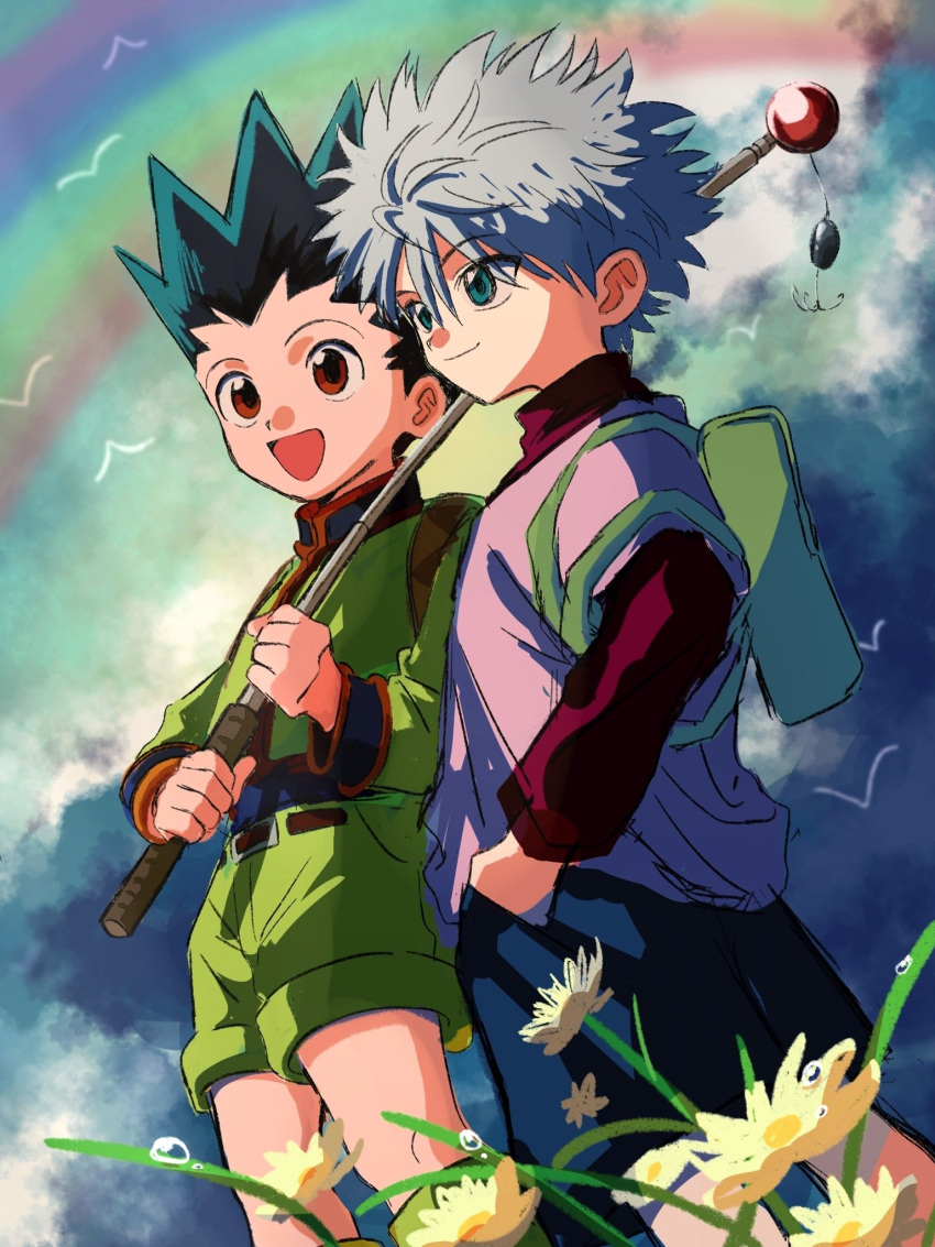 2boys backpack bag black_hair blue_eyes brown_eyes fishing_rod gon_freecss green_footwear green_jacket green_shorts hands_in_pockets highres holding holding_fishing_rod hunter_x_hunter jacket killua_zoldyck layered_sleeves long_sleeves male_child male_focus multiple_boys outdoors rainbow shirt short_hair short_over_long_sleeves short_sleeves shorts smile spiky_hair thicopoyo white_hair white_shirt